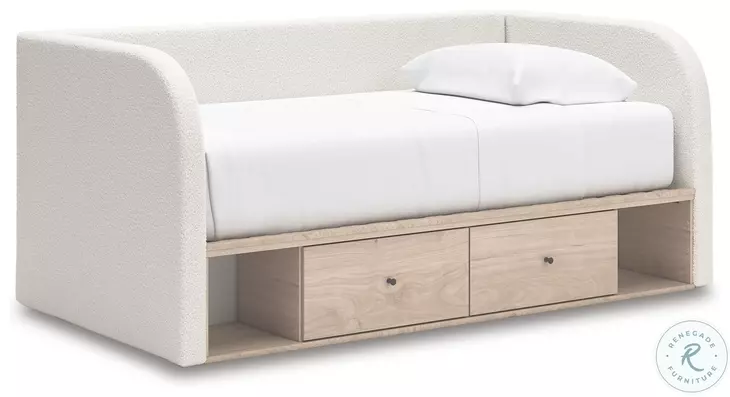 Shapella Tan And White Twin Upholstered Daybed with Storage