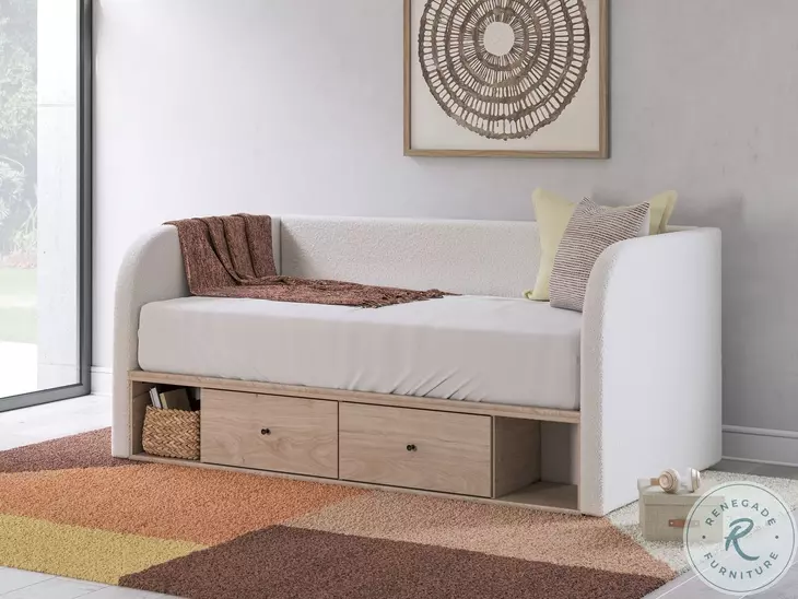 Shapella Tan And White Twin Upholstered Daybed with Storage