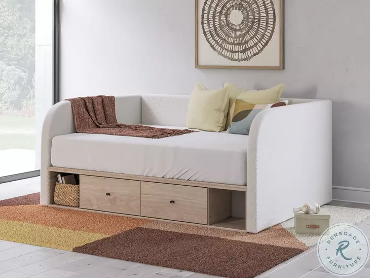 Shapella Tan And White Full Upholstered Daybed with Storage