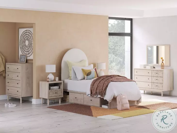 Shapella Tan And White Twin Upholstered Panel Bed with Storage