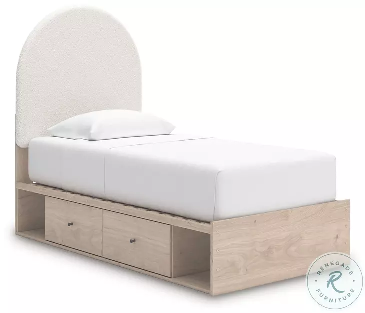 Shapella Tan And White Twin Upholstered Panel Bed with Storage