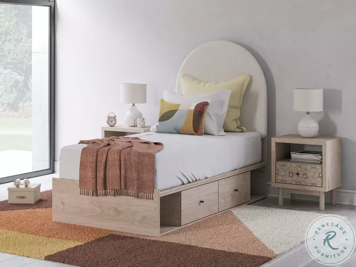 Shapella Tan And White Twin Upholstered Panel Bed with Storage