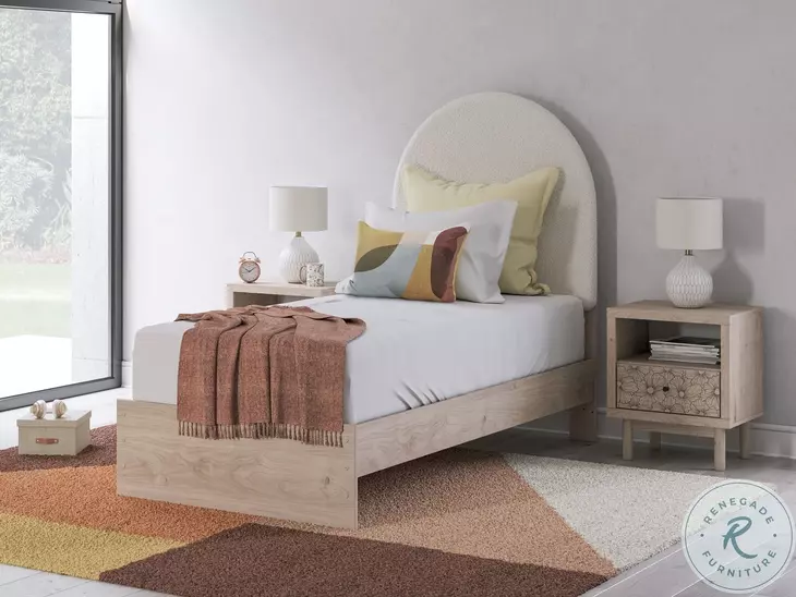 Shapella Tan And White Twin Upholstered Panel Bed