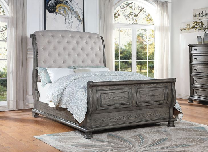 B01623 Gray Upholstered King Sleigh Bed