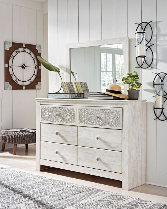 Paxberry Whitewash 6 Drawer Dresser and Rectangular Mirror