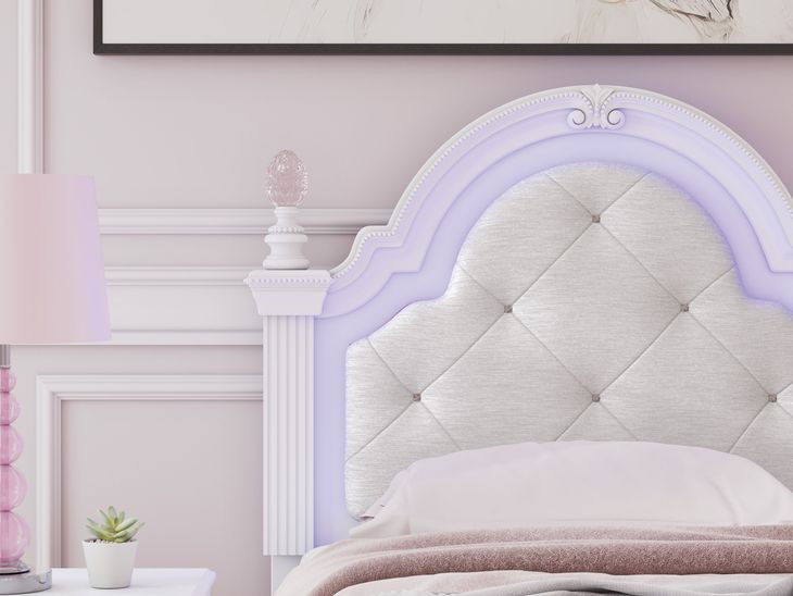 Trindura Matte White and Light Gray Twin Upholstered Panel Headboard with LED