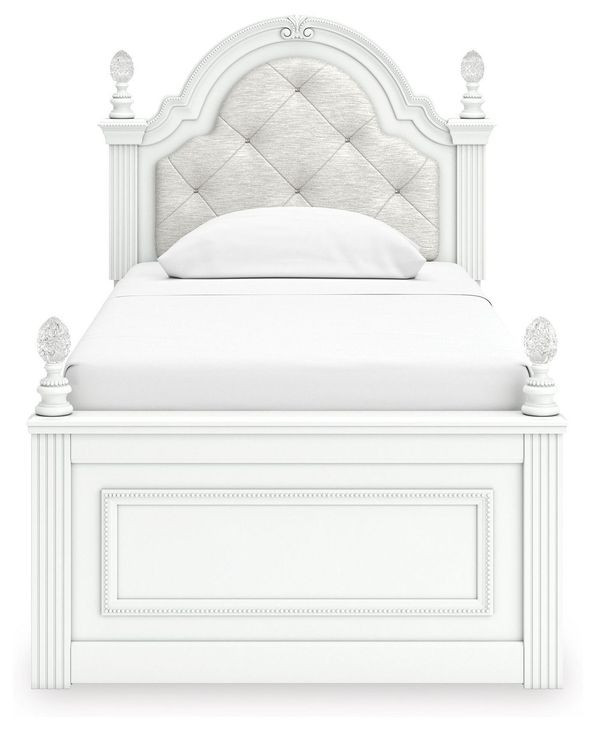 Trindura Light Gray and White Twin Upholstered Panel Bed with LED