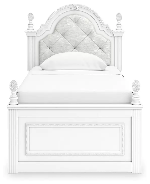 Maylilly Light Gray and White Twin Upholstered Panel Bed with LED