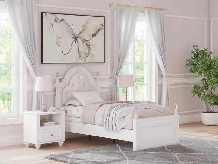 Maylilly Light Gray and White Twin Upholstered Panel Bed with LED