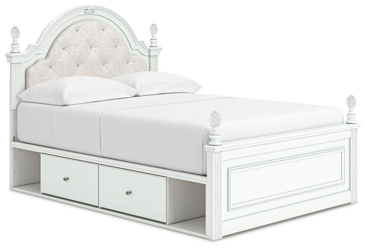 Trindura Light Gray and White Full Upholstered Storage Panel Bed with LED