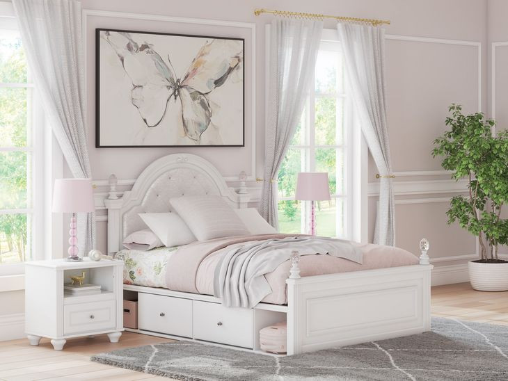 Trindura Light Gray and White Full Upholstered Storage Panel Bed with LED