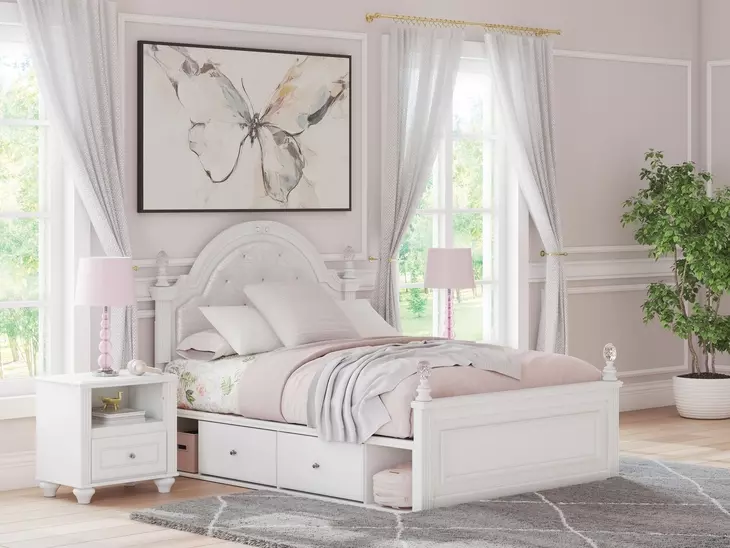 Maylilly Light Gray and White Full Upholstered Storage Panel Bed with LED