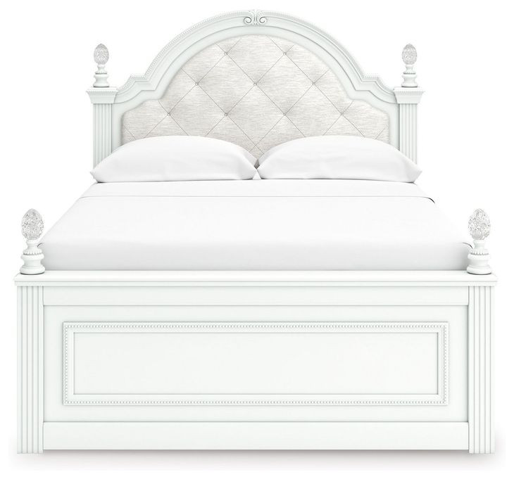 Trindura Light Gray and White Full Upholstered Panel Bed with LED