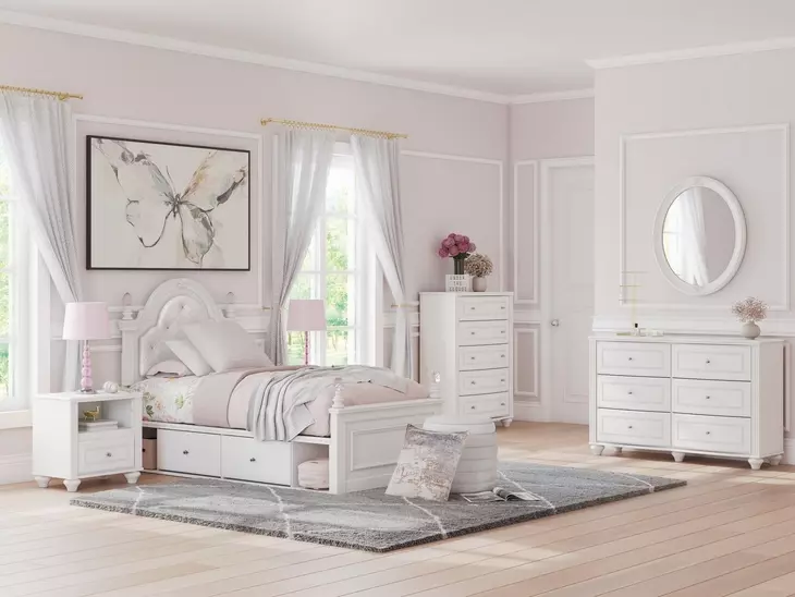 Maylilly Light Gray and White Youth Upholstered Storage Panel Bedroom Set with LED