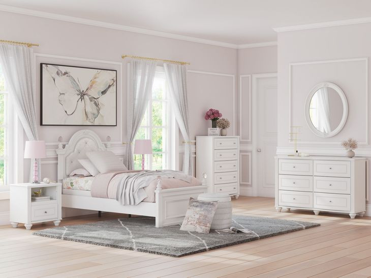 Trindura Light Gray and White Youth Upholstered Panel Bedroom Set with LED