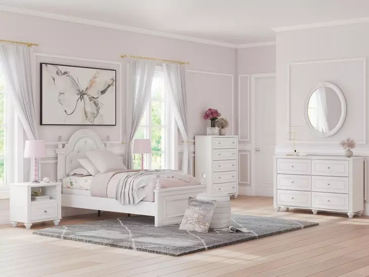 Maylilly Light Gray and White Youth Upholstered Panel Bedroom Set with LED