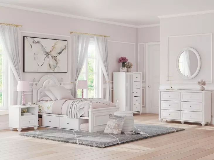 Maylilly Light Gray Youth Upholstered Storage Panel Bedroom Set with LED