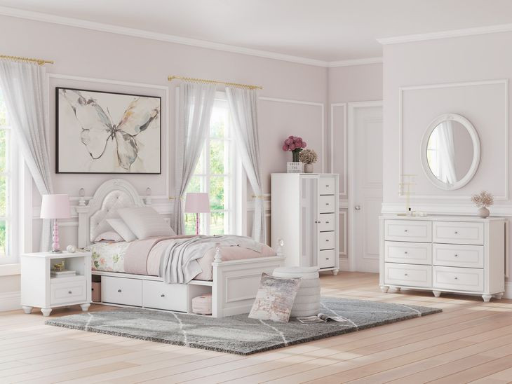 Trindura Light Gray and White Youth Upholstered Storage Panel Bedroom Set with LED