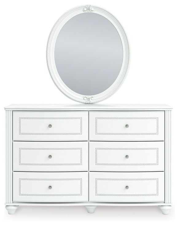 Trindura White 6 Drawer Dresser and Round Mirror