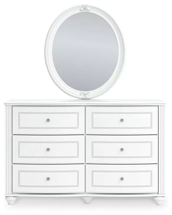 Maylilly White 6 Drawer Dresser and Round Mirror