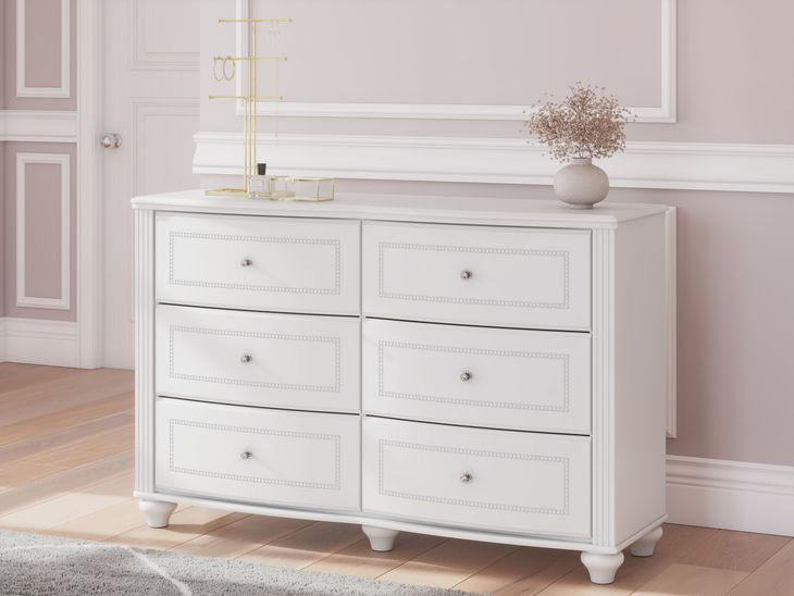 Trindura White 6 Drawer Dresser and Round Mirror