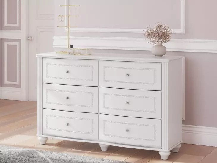 Maylilly White 6 Drawer Dresser and Round Mirror