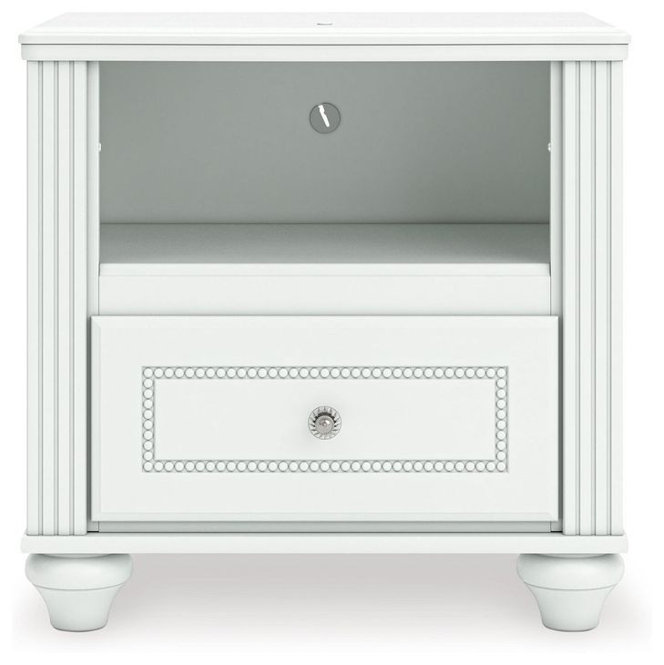 Trindura White 1 Drawer Nightstand with USB Charging and LED