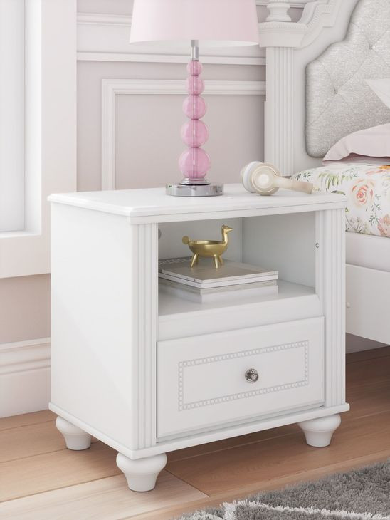 Trindura White 1 Drawer Nightstand with USB Charging and LED