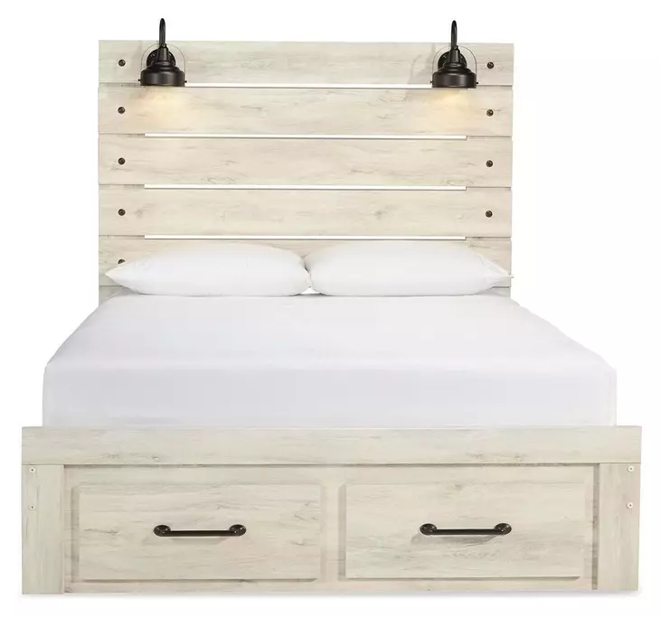 Cambeck Whitewash Queen Storage Panel Bed with USB Charging and LED
