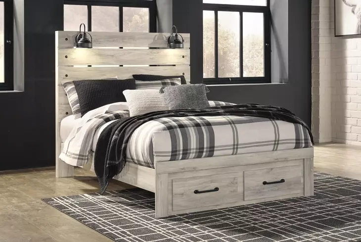 Cambeck Whitewash Queen Storage Panel Bed with USB Charging and LED