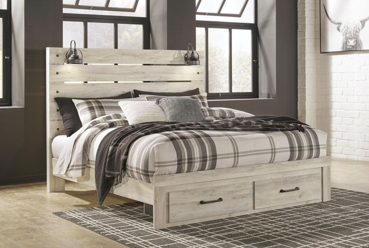Cambeck Whitewash King Storage Panel Bed with USB Charging and LED