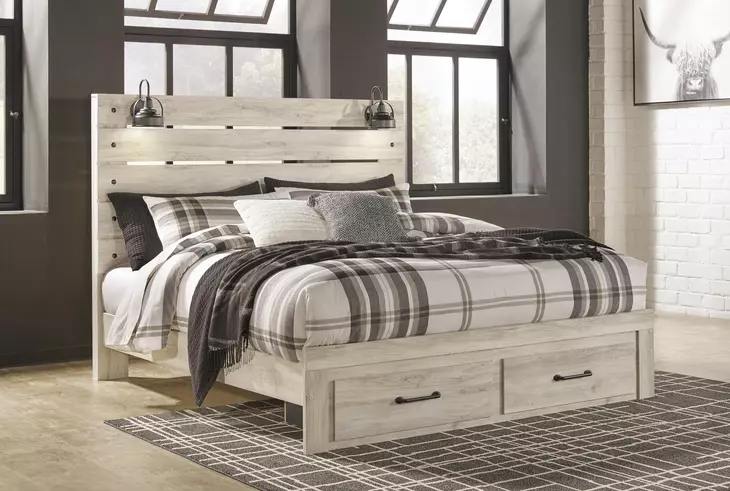 Cambeck Whitewash King Storage Panel Bed with USB Charging and LED