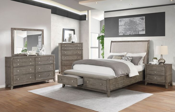 B0193A Gray Upholstered King Panel Storage Bed