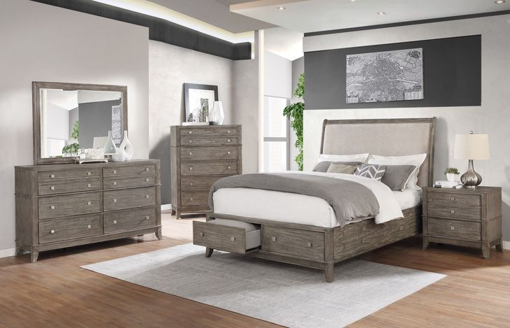 B0193A Gray Upholstered King Panel Storage Bed