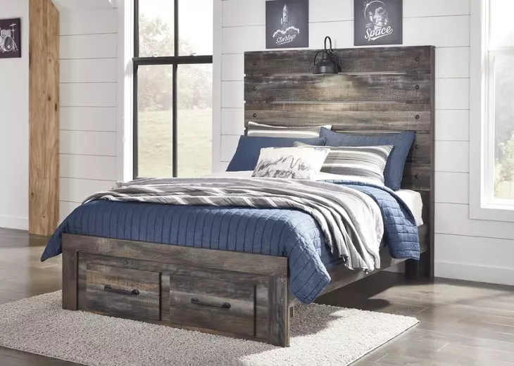 Drystan Brown Rustic Full Panel Headboard with LED and USB Charging