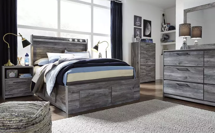 Baystorm Gray Full Storage Panel Bed with 4 Drawers and LED