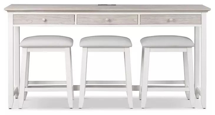 Islamorada Dapple Gray Performance Fabric Upholstered Rectangular Console Table with Stools and USB Charging