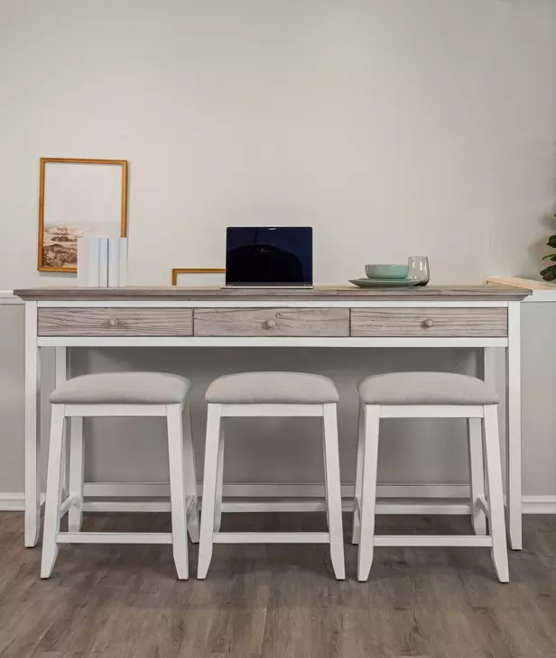 Islamorada Dapple Gray Performance Fabric Upholstered Rectangular Console Table with Stools and USB Charging