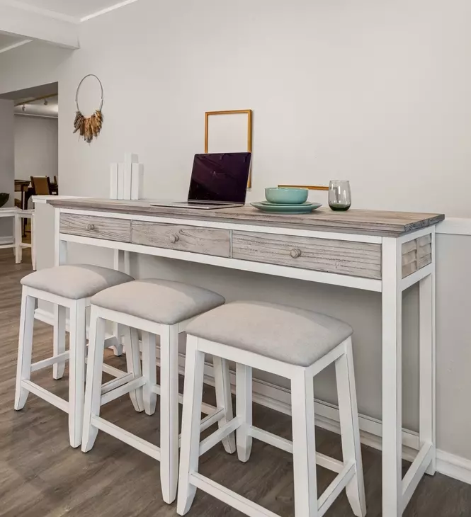 Islamorada Dapple Gray Performance Fabric Upholstered Rectangular Console Table with Stools and USB Charging