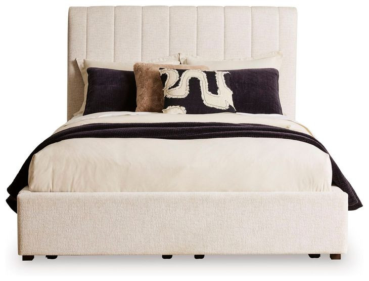 Shoralli Beige Queen Upholstered Storage Panel Bed