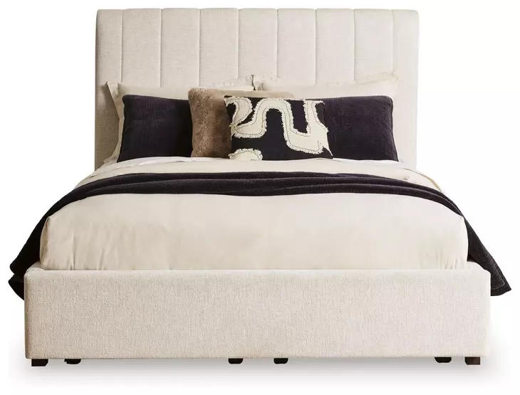 Shoralli Beige Queen Upholstered Storage Panel Bed