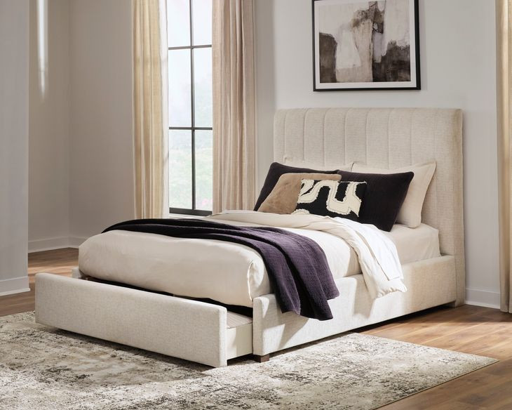 Shoralli Beige Queen Upholstered Storage Panel Bed
