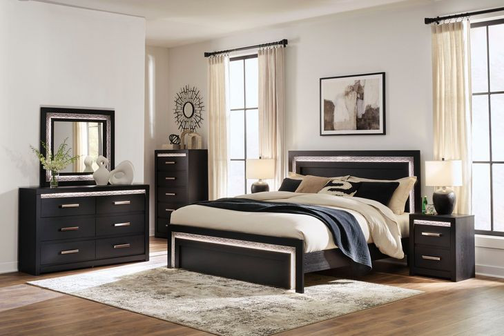 Shoralli Black 2 Drawer Nightstand with USB Charging and LED