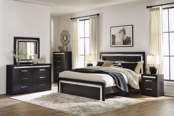 Shoralli Black 2 Drawer Nightstand with USB Charging and LED