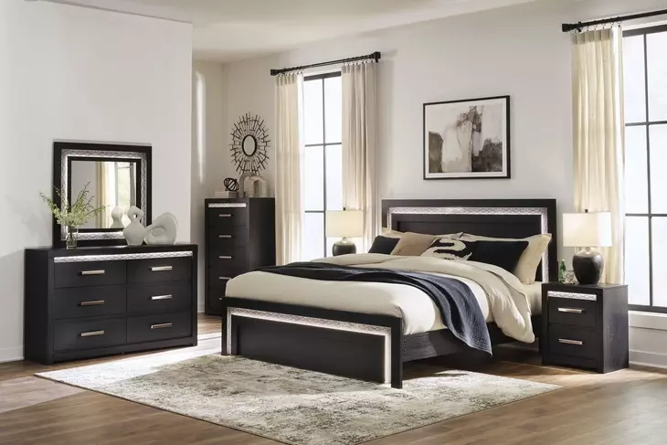 Shoralli Black Panel Bedroom Set with LED
