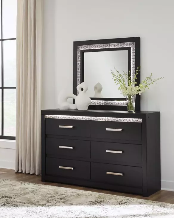 Shoralli Black 6 Drawer Dresser with LED and Rectangular Mirror