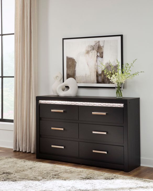 Shoralli Black 6 Drawer Dresser with LED
