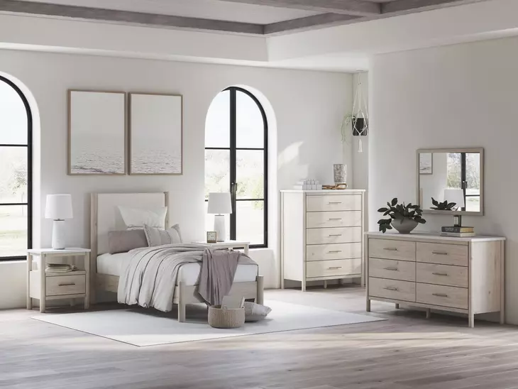 Cadmori Tan And White Twin Upholstered Panel Bed