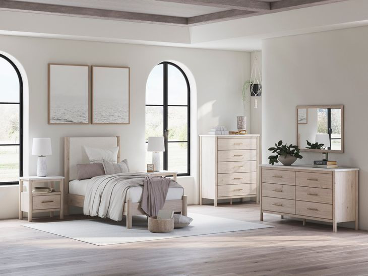 Cadmori Champagne and White 6 Drawer Marble Top Dresser and Rectangular Mirror