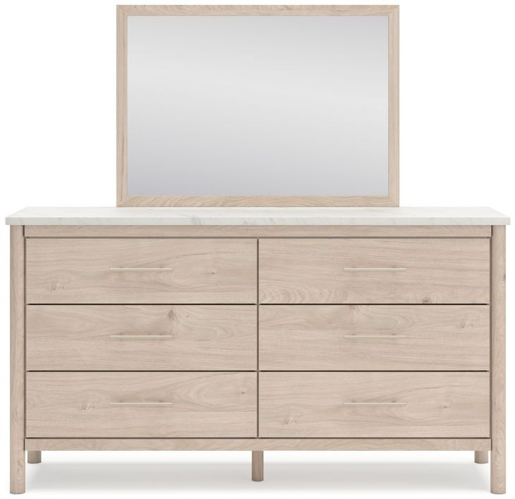 Cadmori Champagne and White 6 Drawer Marble Top Dresser and Rectangular Mirror